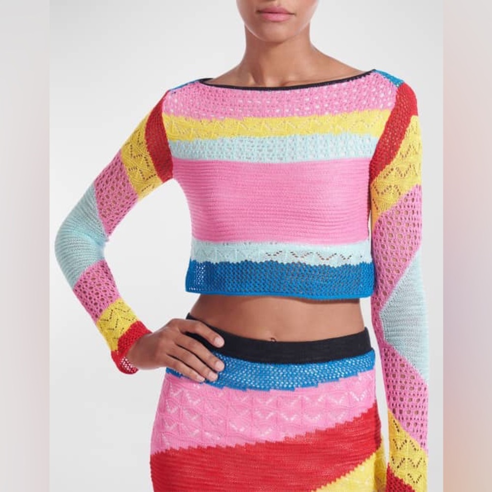 STAUD Multicolor Striped Crochet Knit Sweater - Pink, Blue, Yellow, Red